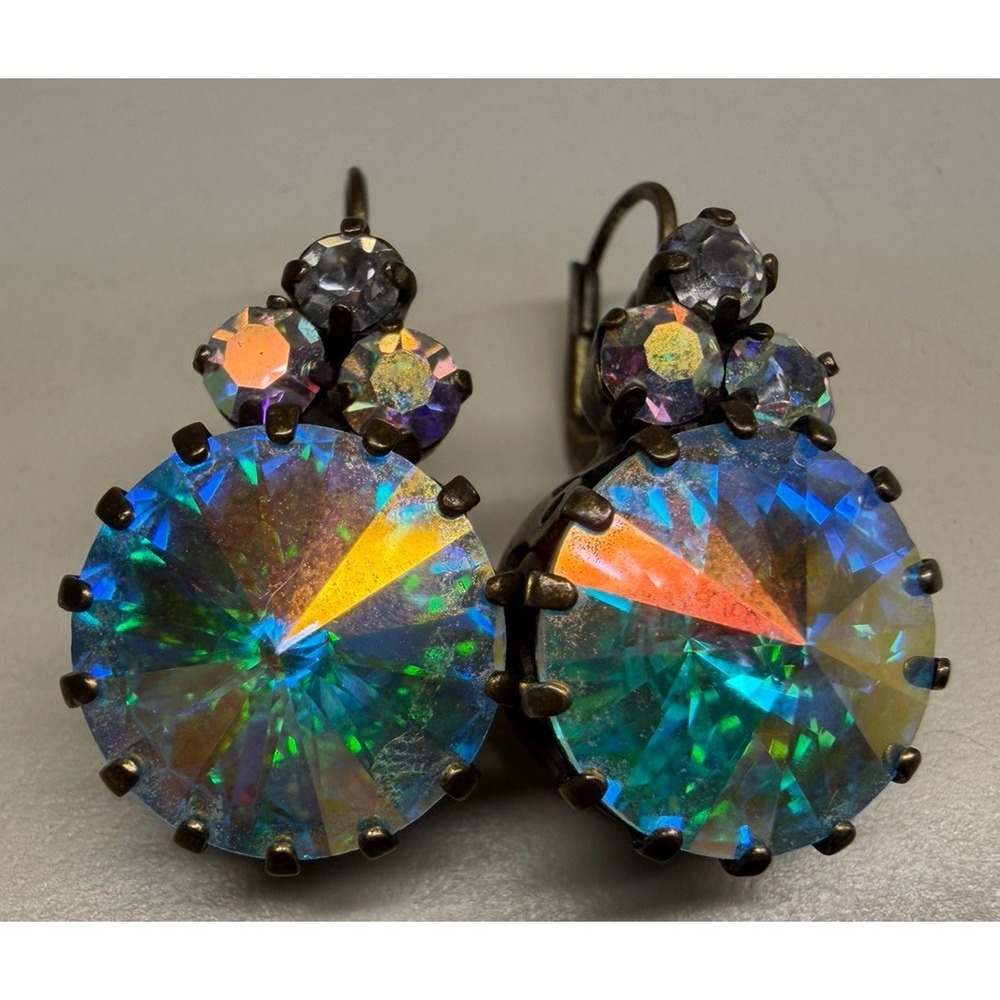 Signed Francoise Montague Paris AB Crystal Rivoli Drop Earrings Aurora Borealis